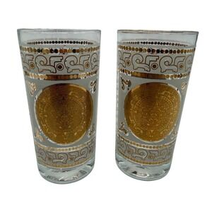 Hazel Atlas Vintage Highball Glasses Gold Aztec Mayan Calendar MCM Set of 2